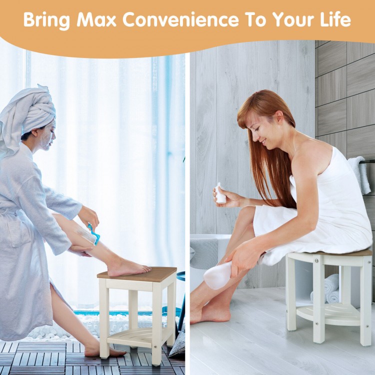 Heavy-duty corner shower bench stool in brown, made of waterproof HDPE, perfect for bathroom storage and stability.