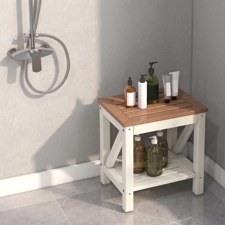 2-tier waterproof shower bench in brown with storage shelf, ideal for bathroom use and sturdy enough for 330 lbs.