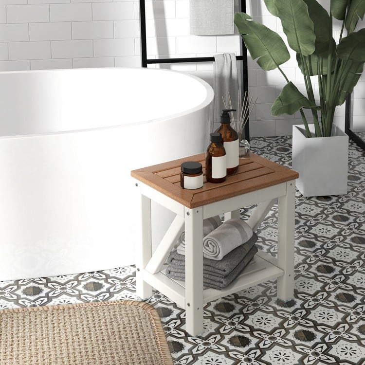 Waterproof shower bench in brown with slatted top and storage shelf, perfect for towels and toiletries in the bathroom.