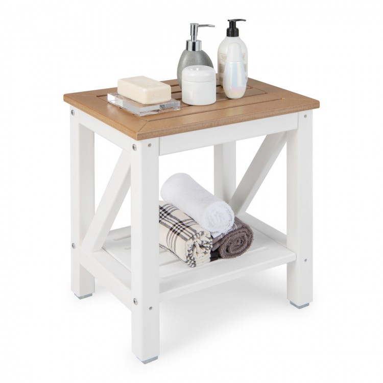 2-tier waterproof shower bench with brown slat top, featuring storage shelf and non-slip foot pads for versatile use.