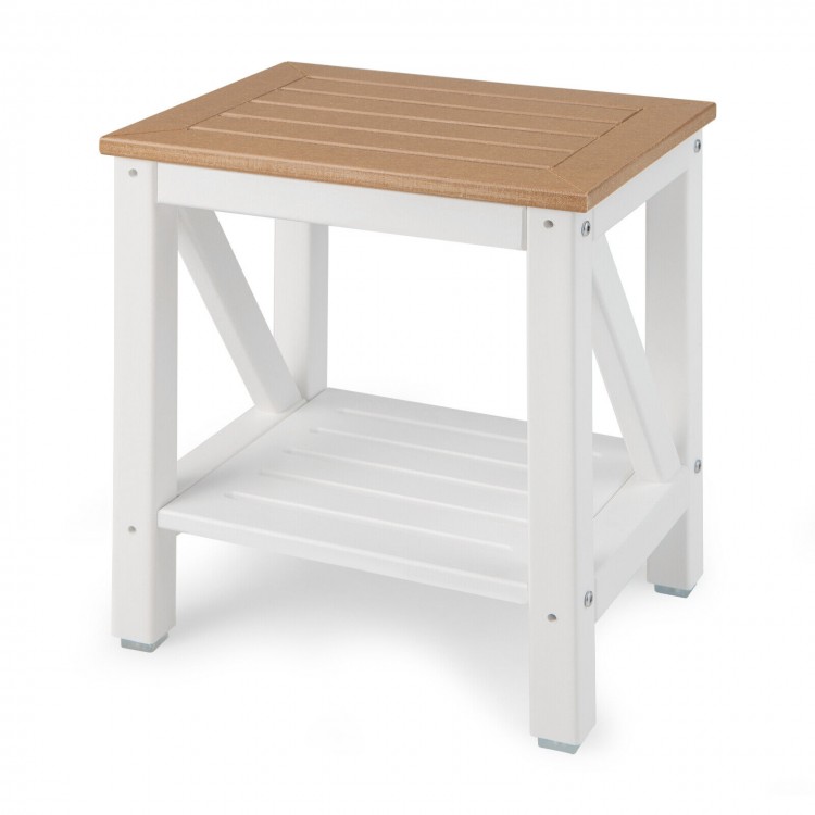 2-tier waterproof shower bench with brown slat top, sturdy HDPE construction, ideal for bathroom or entryway storage.