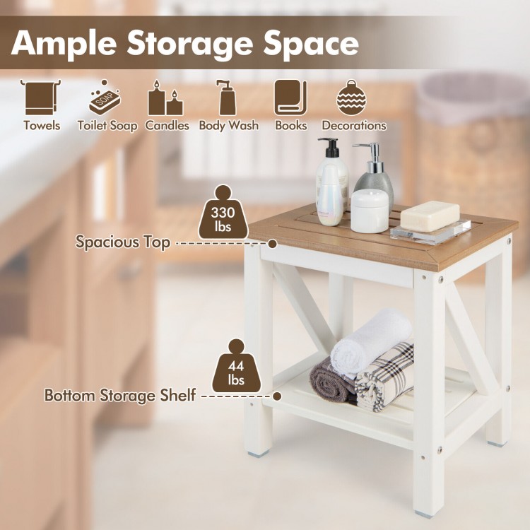 2-tier waterproof shower bench with a brown slat top, offering ample storage space for towels and toiletries.