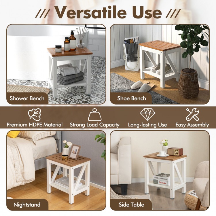 2-tier waterproof shower bench in brown with storage shelf, made of premium HDPE, suitable for bathroom or entryway use.