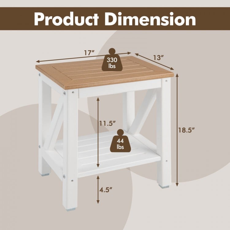 2-tier waterproof shower bench with storage shelf, brown HDPE, sturdy design, dimensions 18.5" x 17" x 13", 330 lbs.