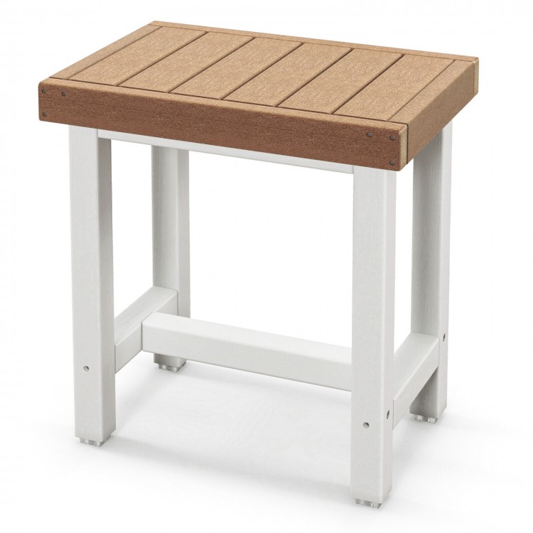 Brown waterproof shower stool with slat design, sturdy HDPE construction, and non-slip foot pads for bathroom use.