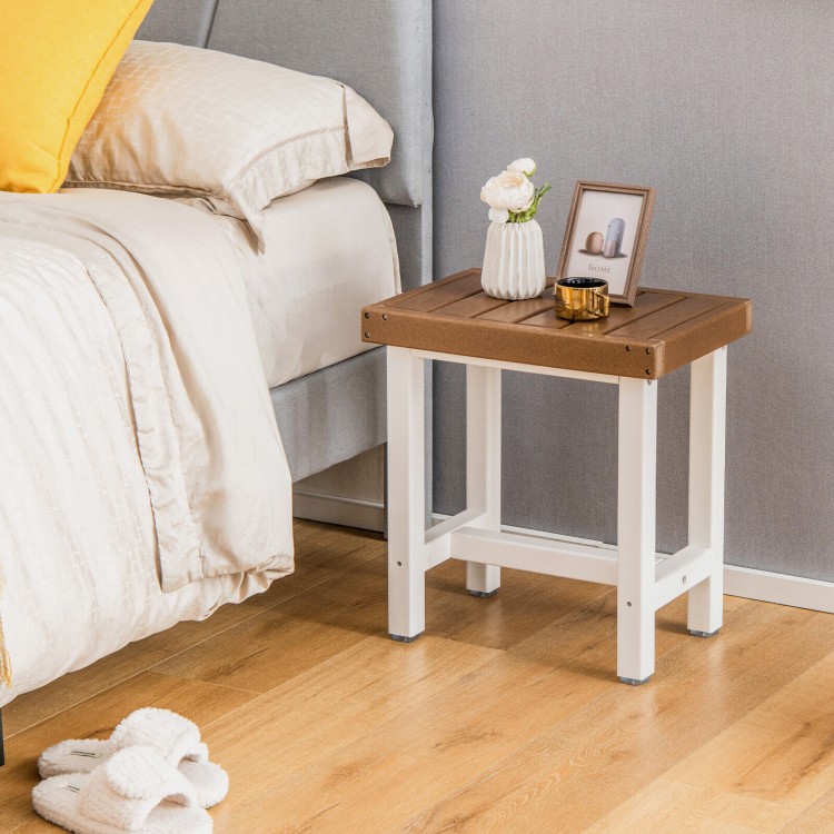 Brown waterproof shower stool with slat design, sturdy structure, and non-slip foot pads for bathroom or bedroom use.