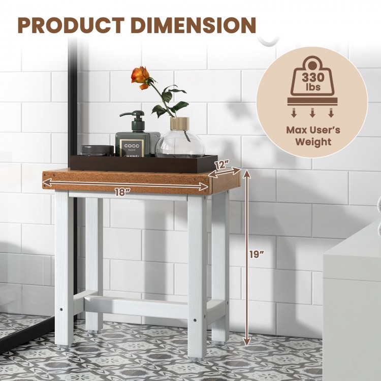 Brown waterproof bathroom shower stool measuring 18 x 12 inches, featuring a sturdy design with a 330 lbs weight.