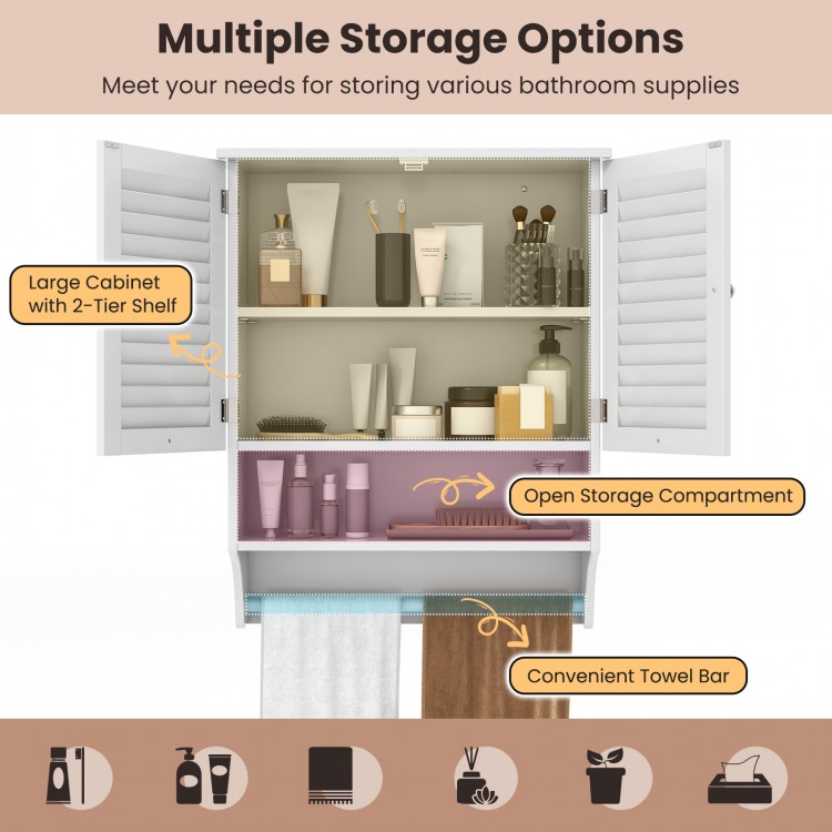 White wall-mounted bathroom medicine cabinet with louvered doors, adjustable shelves, and convenient towel bar for.