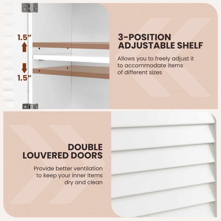 Adjustable shelf and double louvered doors of the white wall-mounted medicine cabinet for efficient bathroom storage.