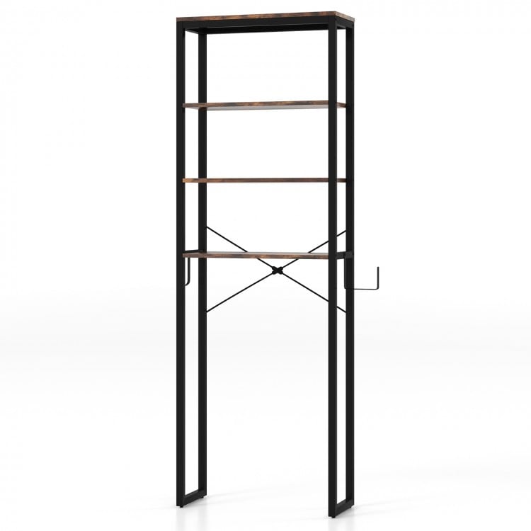 4-tier adjustable metal storage rack with MDF shelves, designed to fit over toilets for space-saving bathroom.