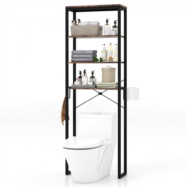 4-tier adjustable bathroom metal storage rack with MDF shelves, designed to fit over toilets for efficient space-saving.