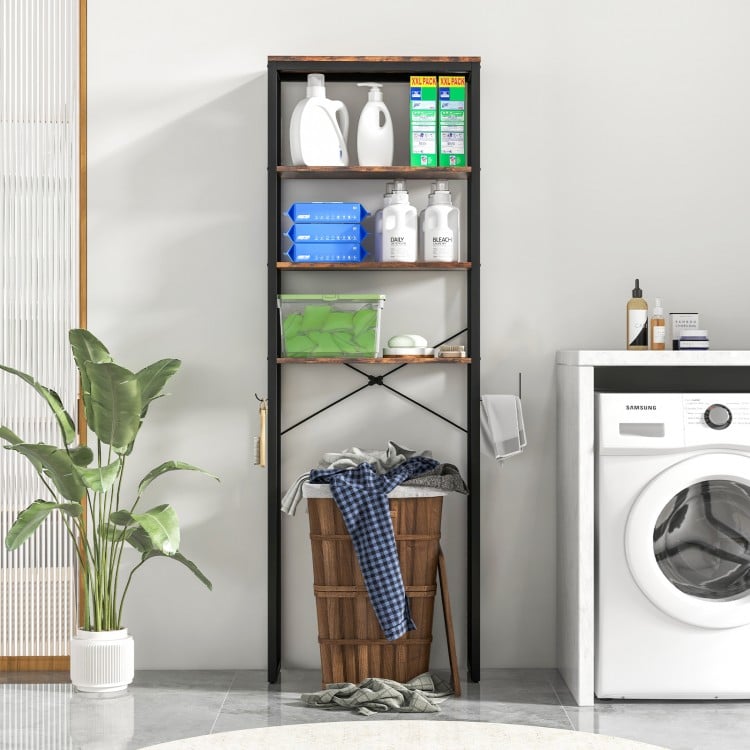4-tier adjustable metal storage rack with MDF shelves, ideal for bathroom or laundry organization, featuring a sturdy.