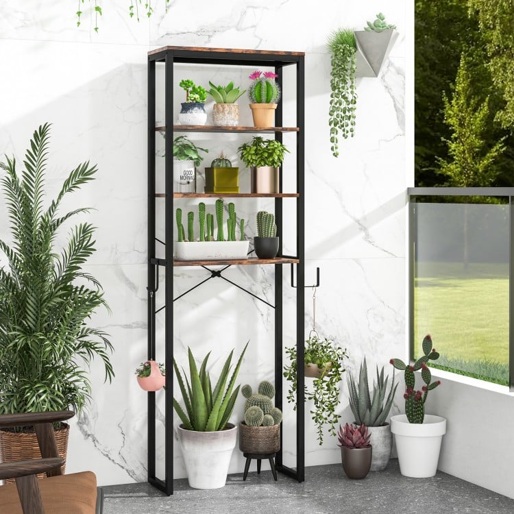 4-tier adjustable metal storage rack with MDF shelves, ideal for bathroom or laundry organization and space-saving.