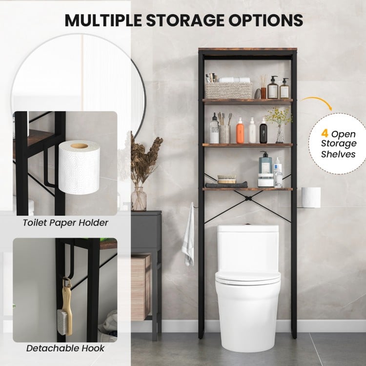 4-tier adjustable bathroom metal storage rack with open shelves, toilet paper holder, and detachable hook for.