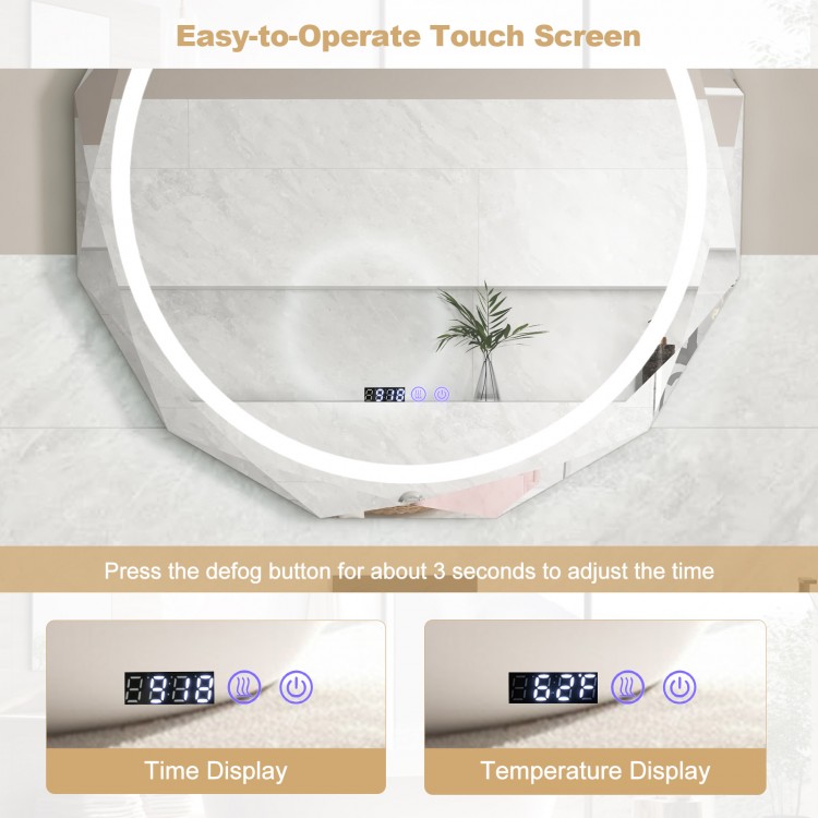Defogging LED bathroom mirror with touchscreen, displaying time and temperature, featuring 3 adjustable light colors.
