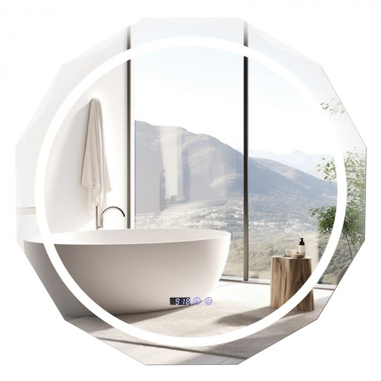 Defogging LED bathroom mirror with stepless 3 color temperature, featuring a sleek design and touchscreen control for.