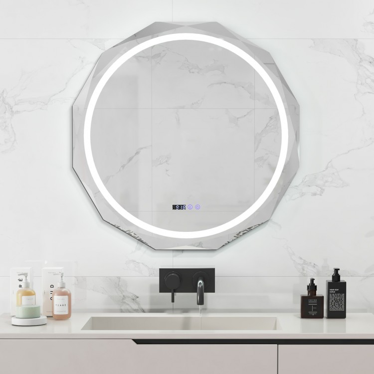 Round Defogging LED bathroom mirror with 3 color temperatures, touchscreen control, and shatter-proof design for clear.