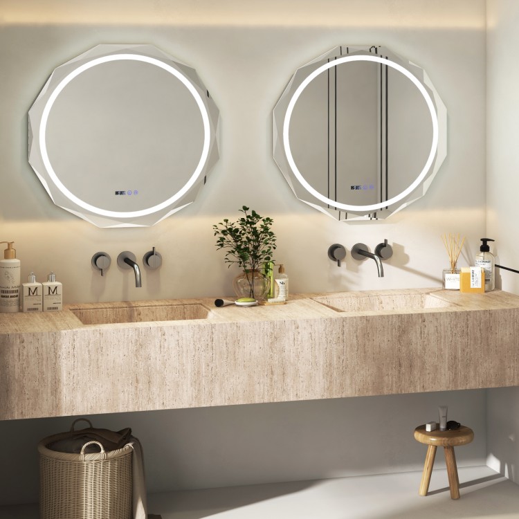 Defogging LED bathroom mirror with three color temperatures and touchscreen control, enhancing your bathroom ambiance.