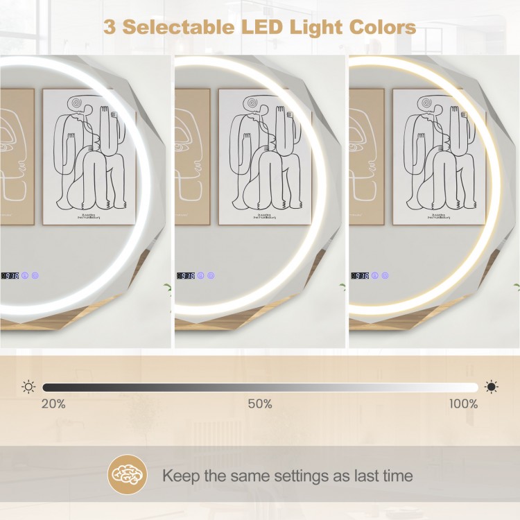 Defogging LED bathroom mirror showcasing three selectable light colors and adjustable brightness for customized.