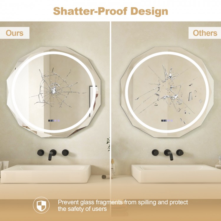 Shatter-proof LED bathroom mirror showcasing anti-fog feature and customizable 3 color temperatures for safe use.