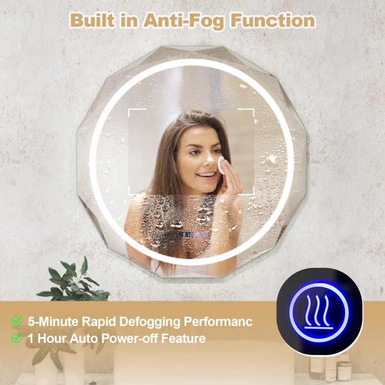 Defogging LED bathroom mirror with anti-fog function and stepless 3 color temperature for a clear reflection.
