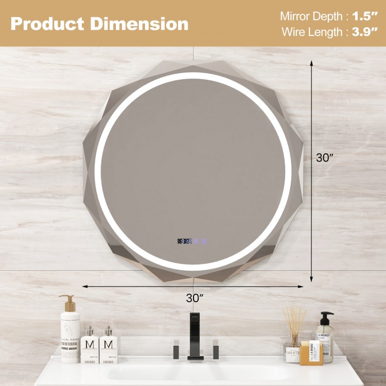 30-inch defogging LED bathroom mirror with stepless 3 color temperature and shatter-proof design, ideal for modern.