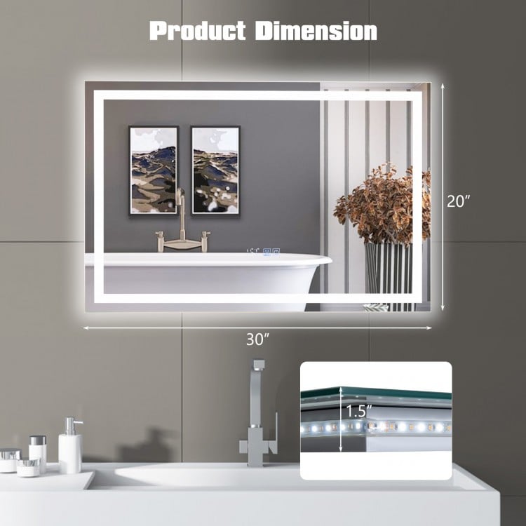 LED bathroom mirror with 3-color dimmable lights, showcasing dimensions 30" x 20" for versatile wall mounting.