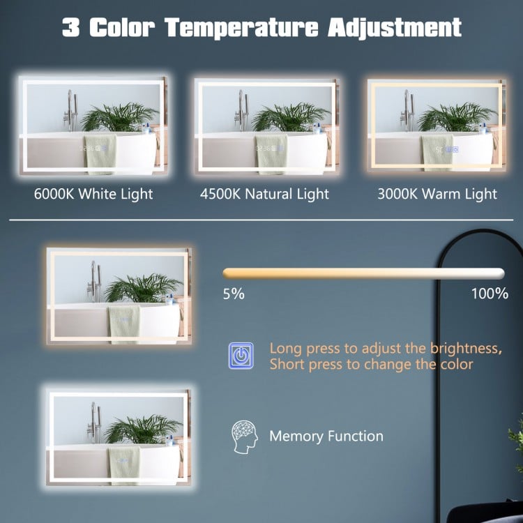 LED bathroom mirror with 3-color dimmable lights, featuring adjustable brightness and touch controls for versatile.