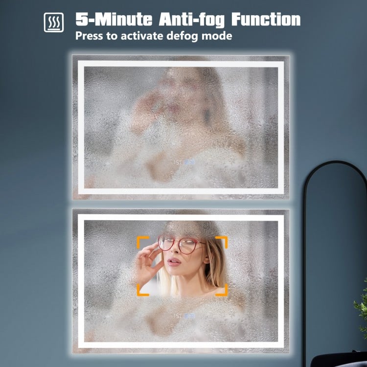 LED bathroom mirror with anti-fog function, featuring adjustable 3-color dimmable lights and touch controls for.
