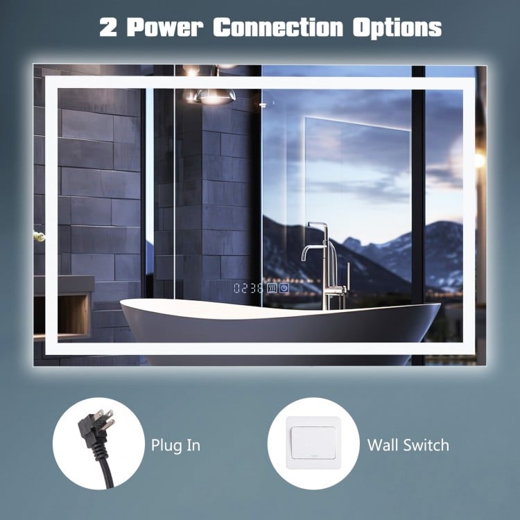 LED bathroom mirror with 3-color dimmable lights, featuring plug-in and wall switch power options for versatile.