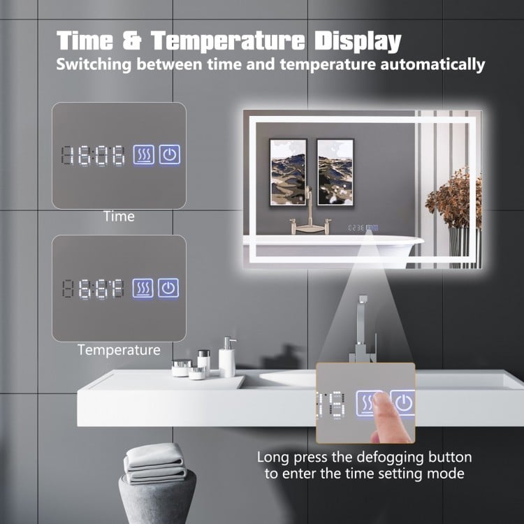 LED bathroom mirror with time and temperature display, featuring adjustable 3-color dimmable lights for versatile.