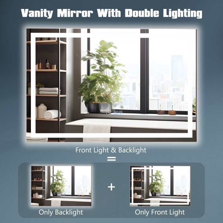 LED bathroom mirror with front and back lighting, adjustable brightness, and 3 color temperatures for versatile use.