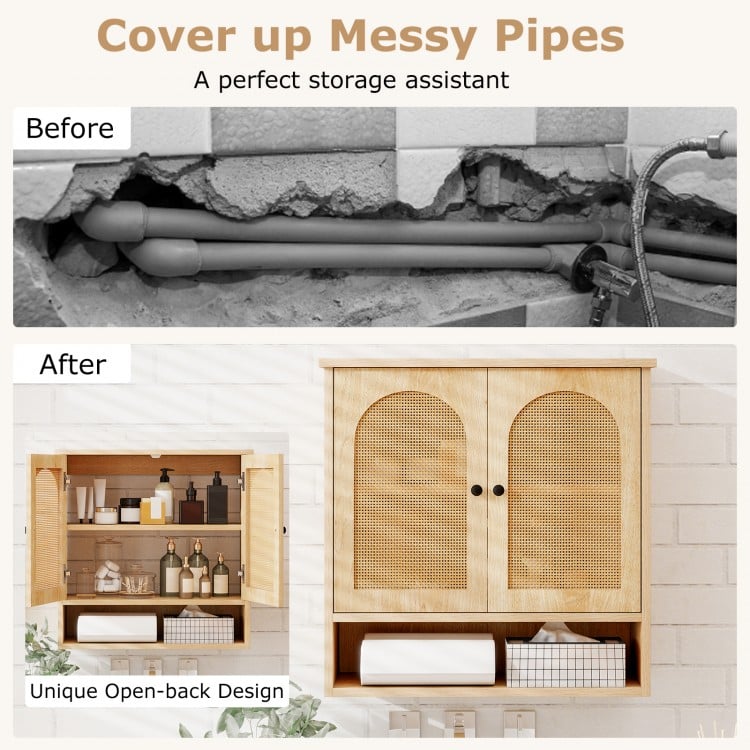 Bathroom wall cabinet with PE rattan doors, adjustable shelves, and spacious top for organized storage of toiletries.