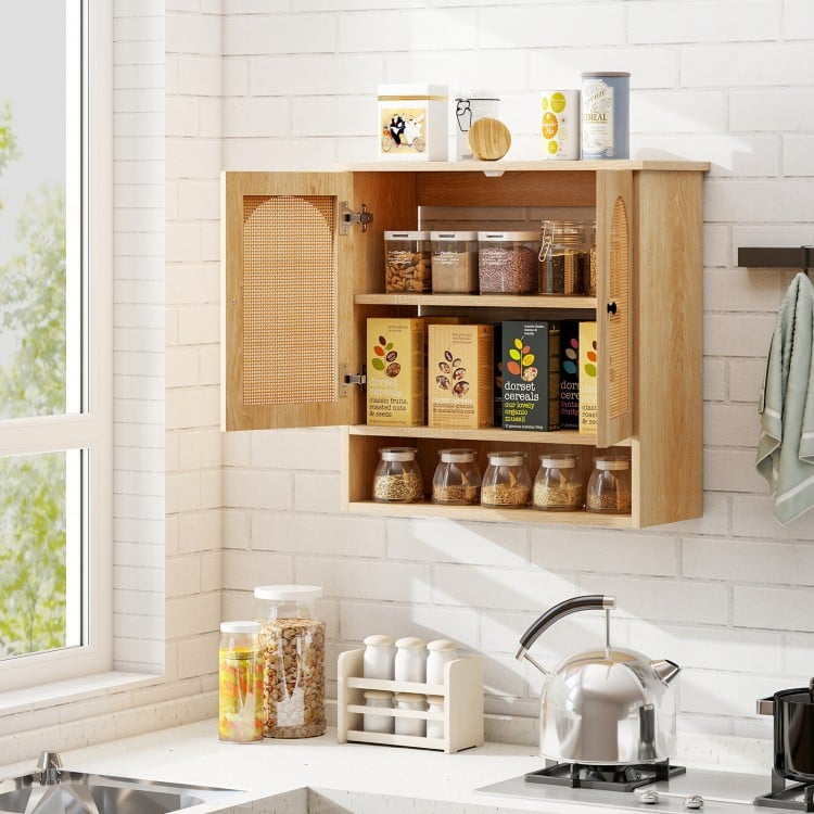 Natural wood bathroom wall cabinet featuring PE rattan doors, adjustable shelves, and spacious top for storage.