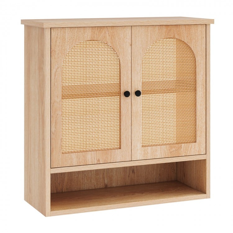 Natural wood bathroom wall cabinet with PE rattan doors, adjustable shelves, and spacious top for storage.