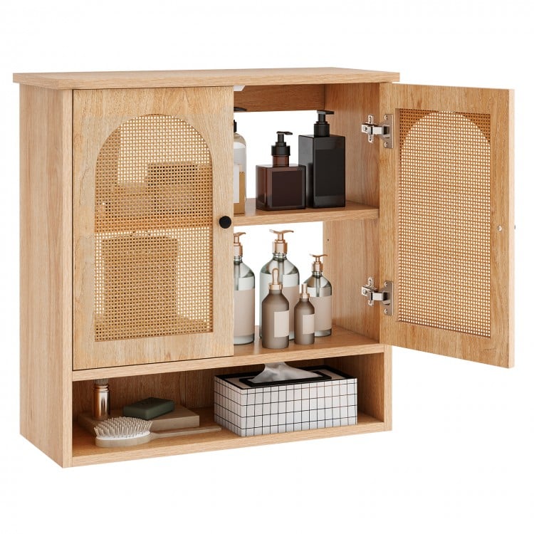Bathroom wall cabinet with PE rattan doors, adjustable shelves, and spacious top for skincare and laundry supplies.