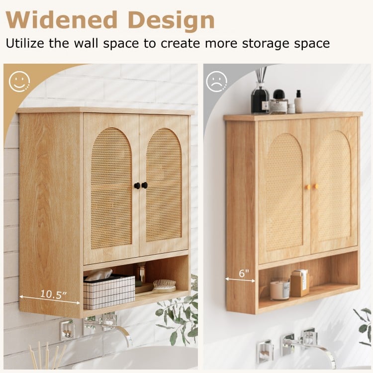 Bathroom wall cabinet with PE rattan doors, featuring adjustable shelves and a spacious top for organized storage.