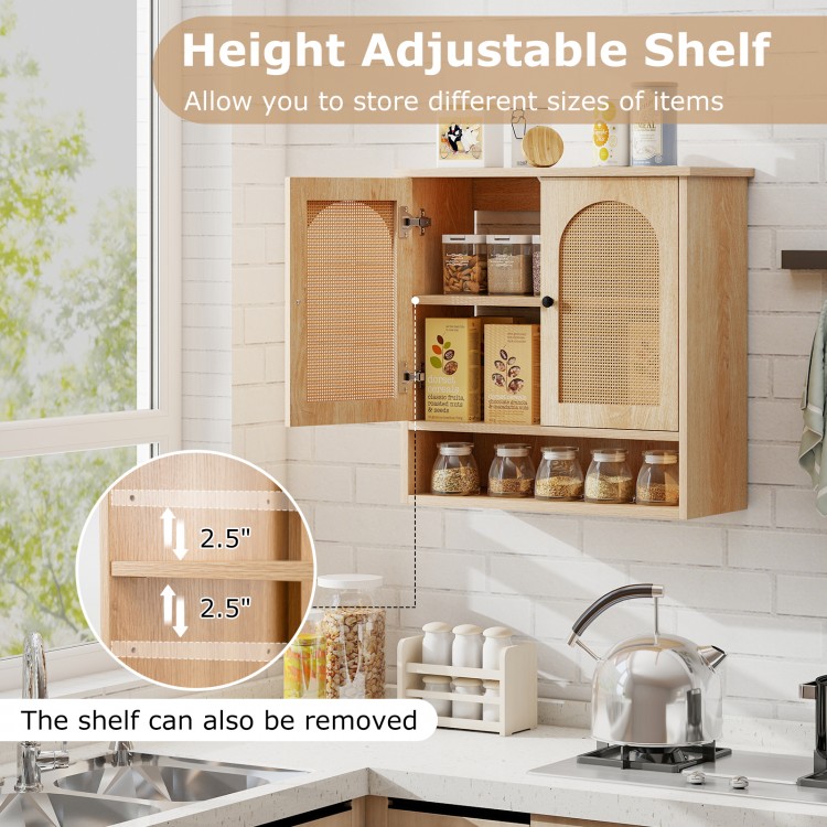 Height adjustable shelf in a natural wood bathroom wall cabinet with PE rattan doors for versatile storage solutions.