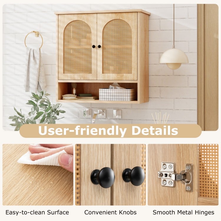 Bathroom wall cabinet with PE rattan doors, adjustable shelves, and easy-to-clean surface for organized storage.