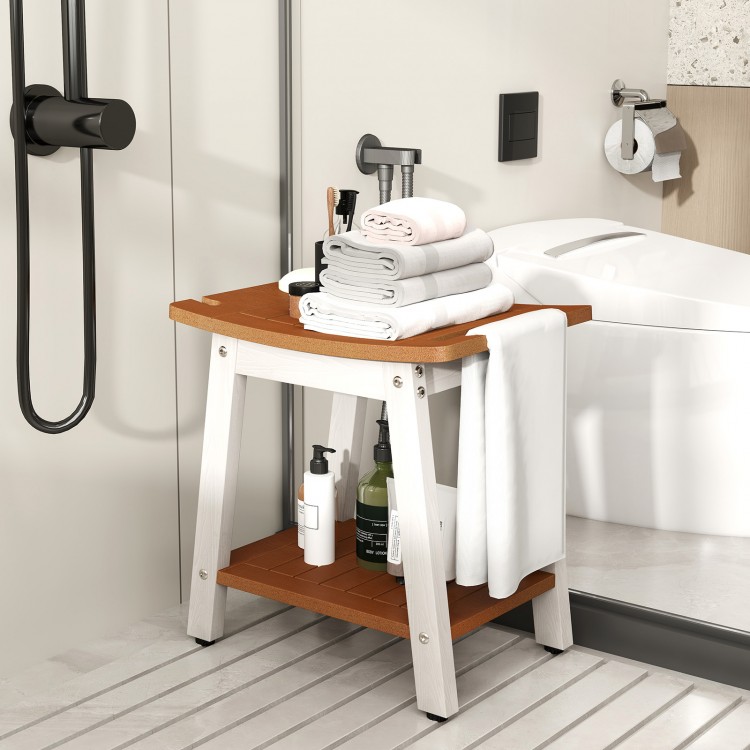 HIPS shower bench seat in brown and white with towel bar, soap holder, and open shelf for versatile indoor or outdoor.