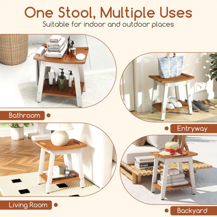 HIPS shower bench seat in brown and white, featuring a towel bar and open shelf, ideal for indoor or outdoor use.
