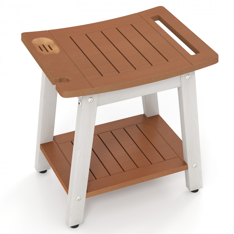 HIPS shower bench seat in brown and white with handle, featuring a soap holder and open shelf for versatile use.