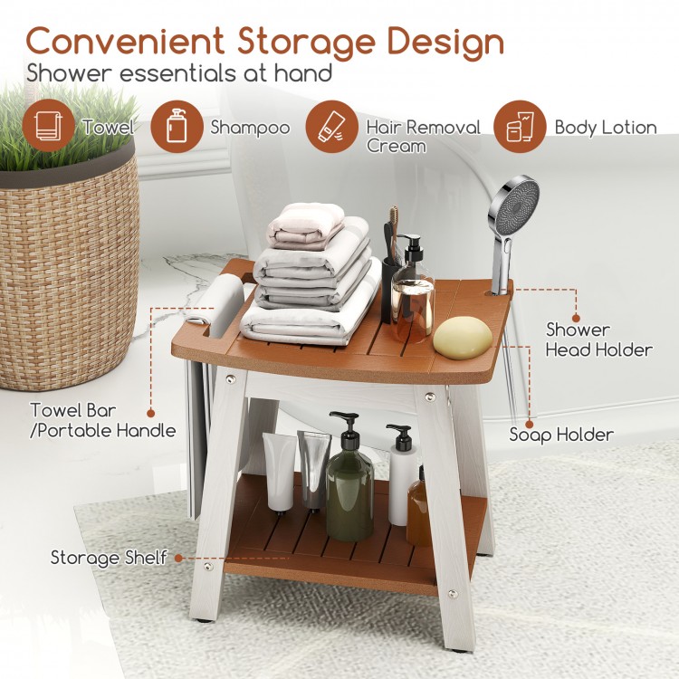 HIPS shower bench seat in brown and white with towel bar, soap holder, and shower head holder for versatile bathroom.
