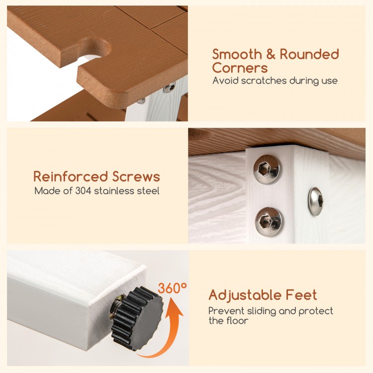 Close-up of the HIPS shower bench seat showing reinforced screws and adjustable feet for stability and comfort.