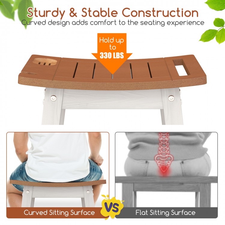 HIPS shower bench seat in brown and white with curved surface, towel bar, and soap holder for indoor or outdoor use.