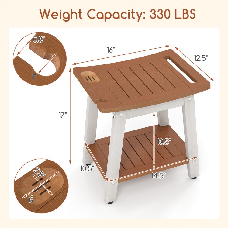 HIPS shower bench seat in brown and white, featuring a curved surface, towel bar, and adjustable non-slip feet.