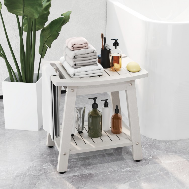 HIPS shower bench seat in white with towel bar, soap holder, and open shelf for versatile indoor or outdoor use.