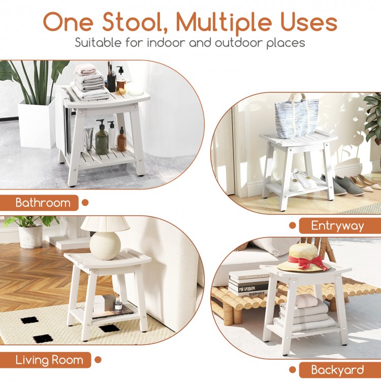 HIPS shower bench seat in white with handle, ideal for indoor or outdoor use, featuring a towel bar and open shelf.