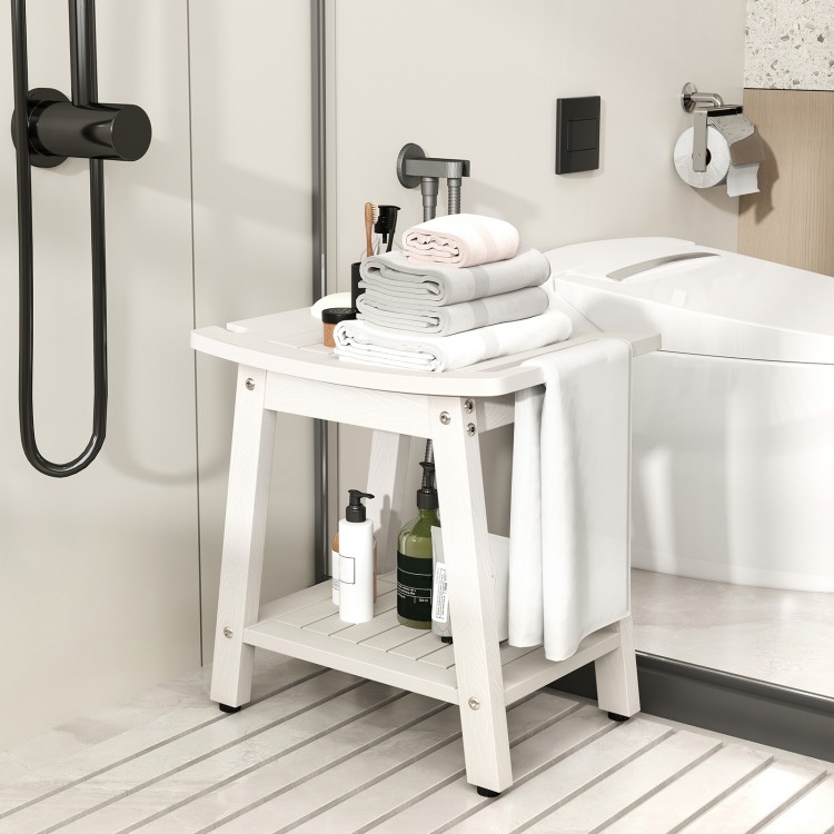 HIPS shower bench seat in white with towel bar, soap holder, and open shelf, perfect for indoor or outdoor use.