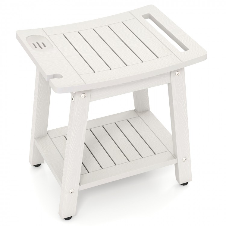 White HIPS shower bench seat with handle, towel bar, and open shelf, designed for comfort and stability indoors or.